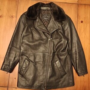 Tannery West Brown Genuine Leather Faux Fur Collar Moto Biker Full Zip Jacket XS